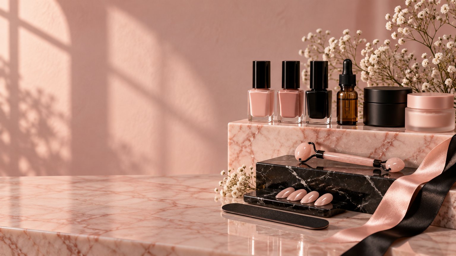 Pink, nude and black nail polishes, cuticle oil, skincare jars, a rose quartz roller and press-on nails on pink and black marble