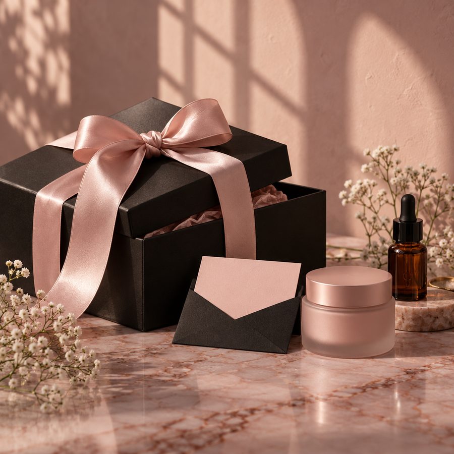 A black gift box tied with blush silk ribbon beside a gift card, a pink cream jar and an amber serum