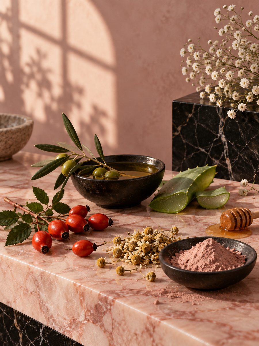 Rosehip, olive oil, chamomile, aloe, pink clay and honey on pink and black marble
