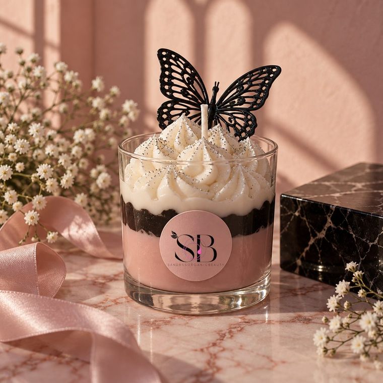 Butterfly dessert candle in a glass tumbler with blush and black wax, whipped white wax and a black butterfly topper