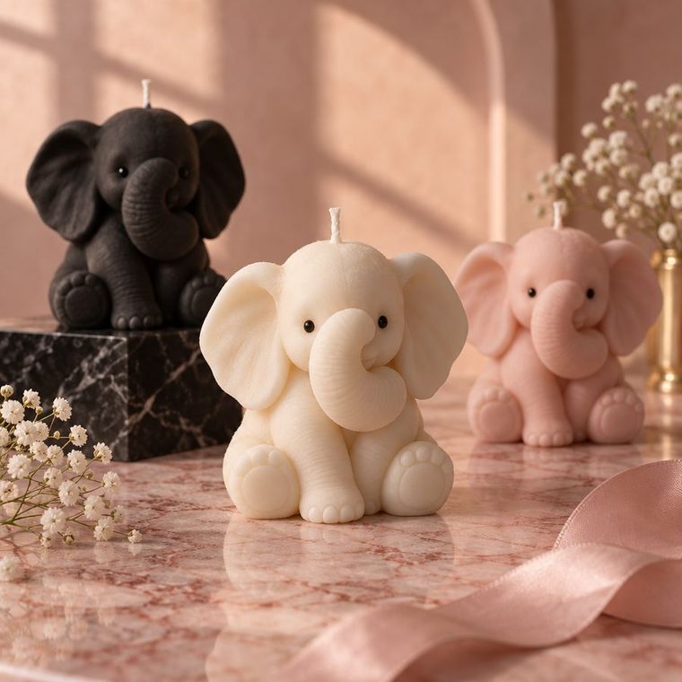 Sculpted elephant candles in ivory, blush and black with their trunks over their faces